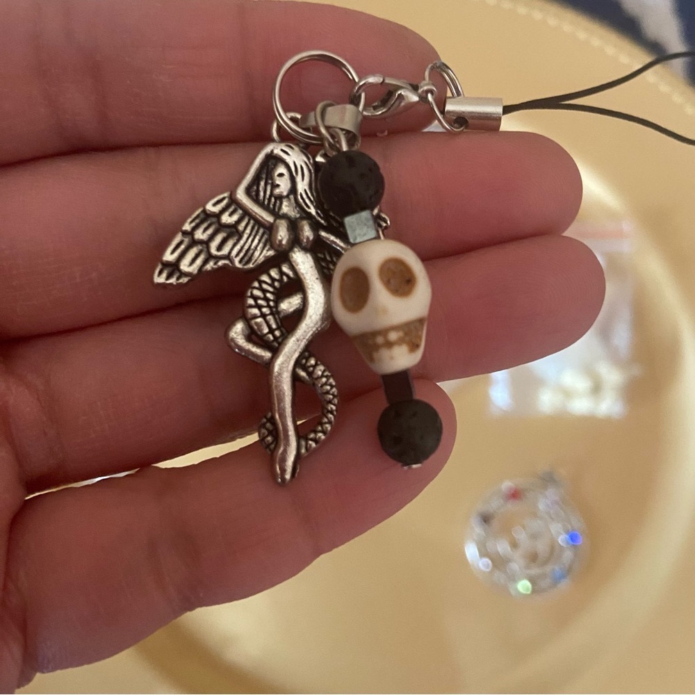 Lilith pendent w wings & Snake & added Skull w lava & hematite pin -necklace zip